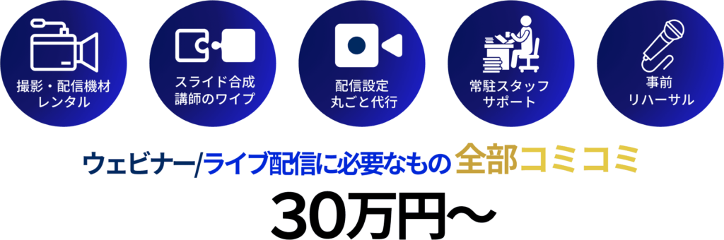 撮影・配信機材レンタル
スライド合成・講師のワイプ
配信設定丸ごと代行
常駐スタッフサポート
事前リハーサル

ウェビナー/ライブ配信に必要なもの全部コミコミ
30万円から